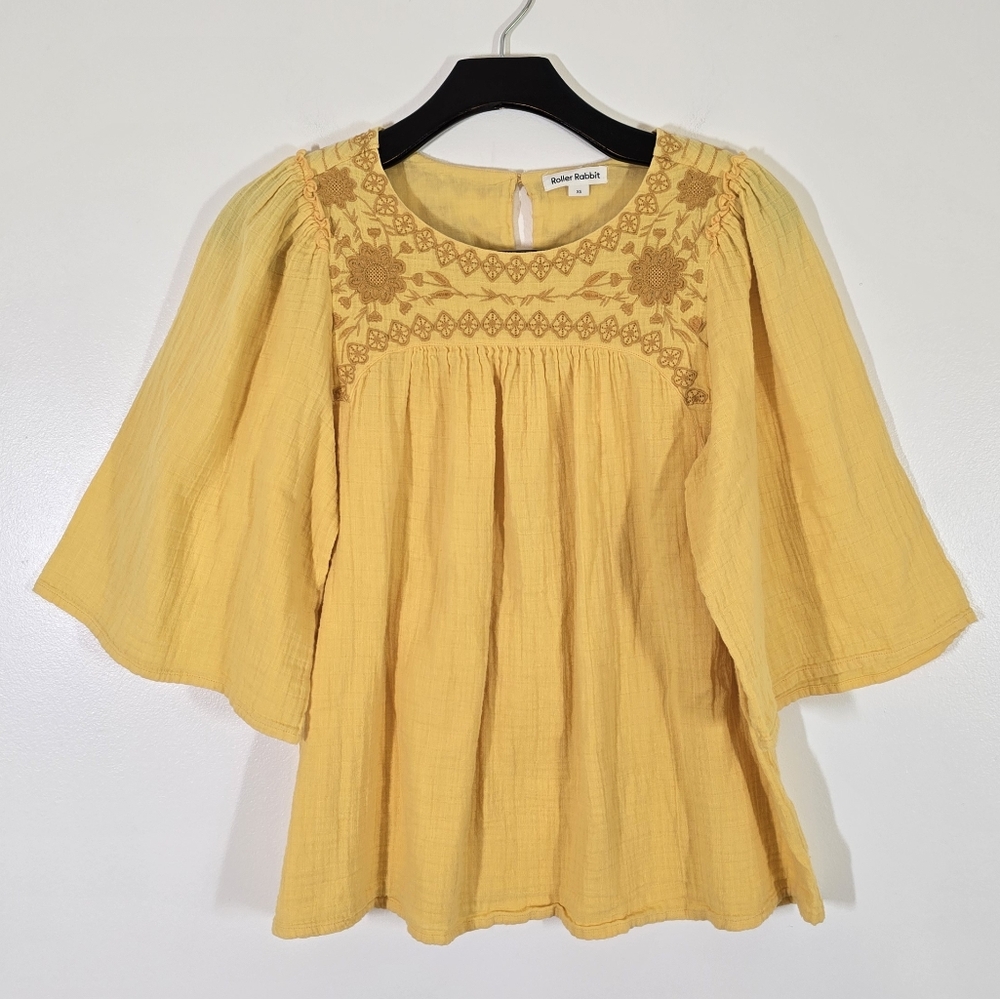 Roller Rabbit Flowy Yellow Embroidered Top Blouse XS - Picture 1 of 6